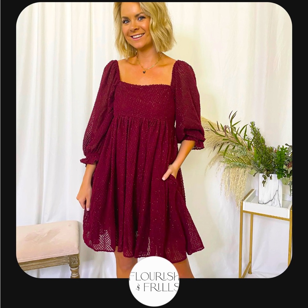 Josie Textured Puff Sleeve Dress - Burgundy